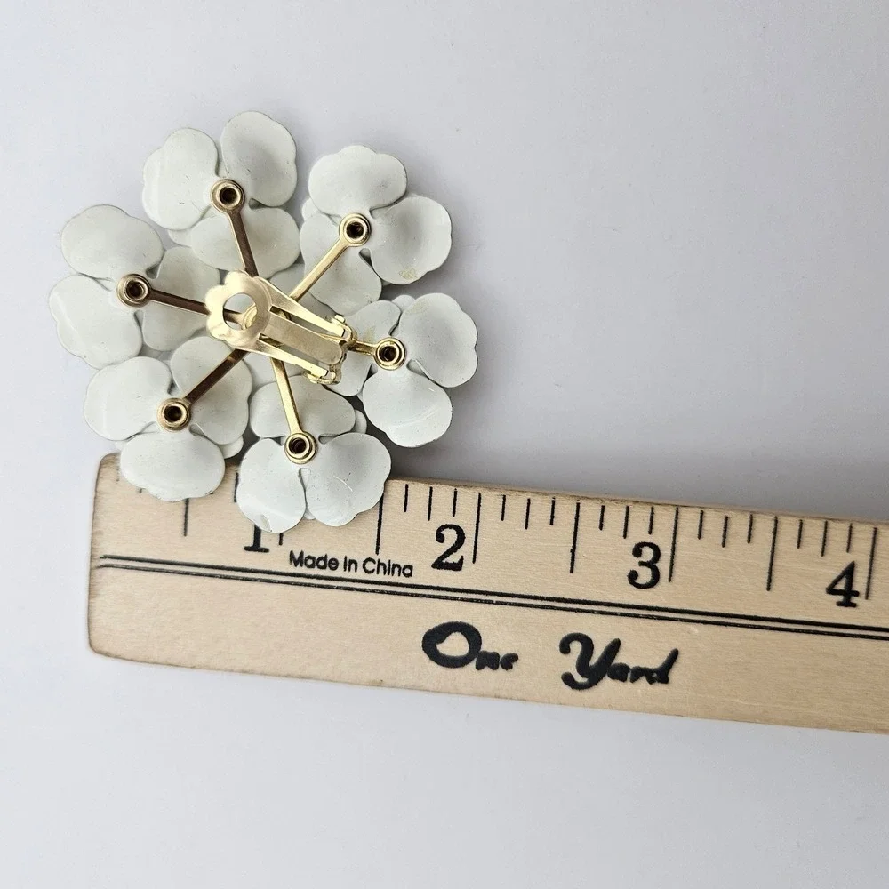 Vintage White Enamel Flower Cluster Clip On Earrings Multi Color Rhinestone 60s